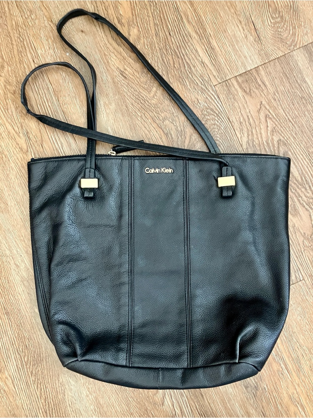 Calvin Klein Black Pebbled Leather Tote with Gold Accents